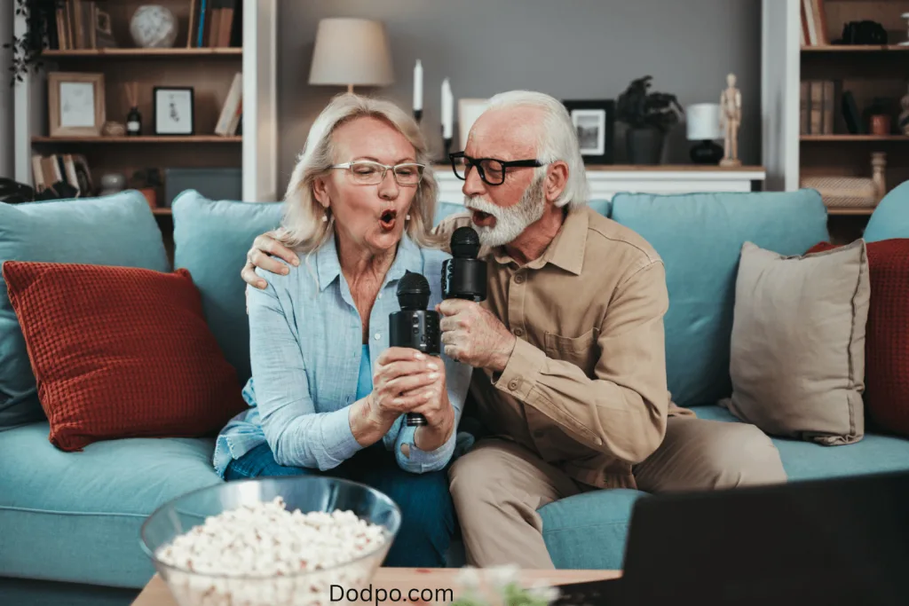 Couple doing a karaoke in a date at home