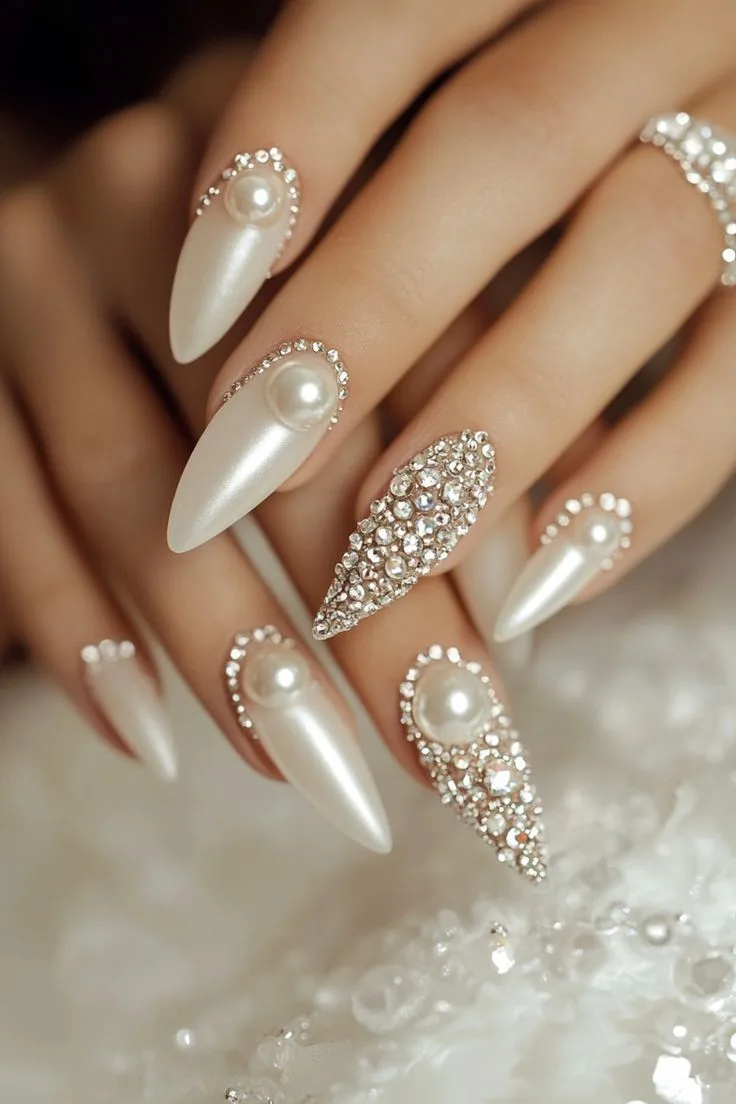 Wedding Nails For Bride - Pearls and Rhinestones