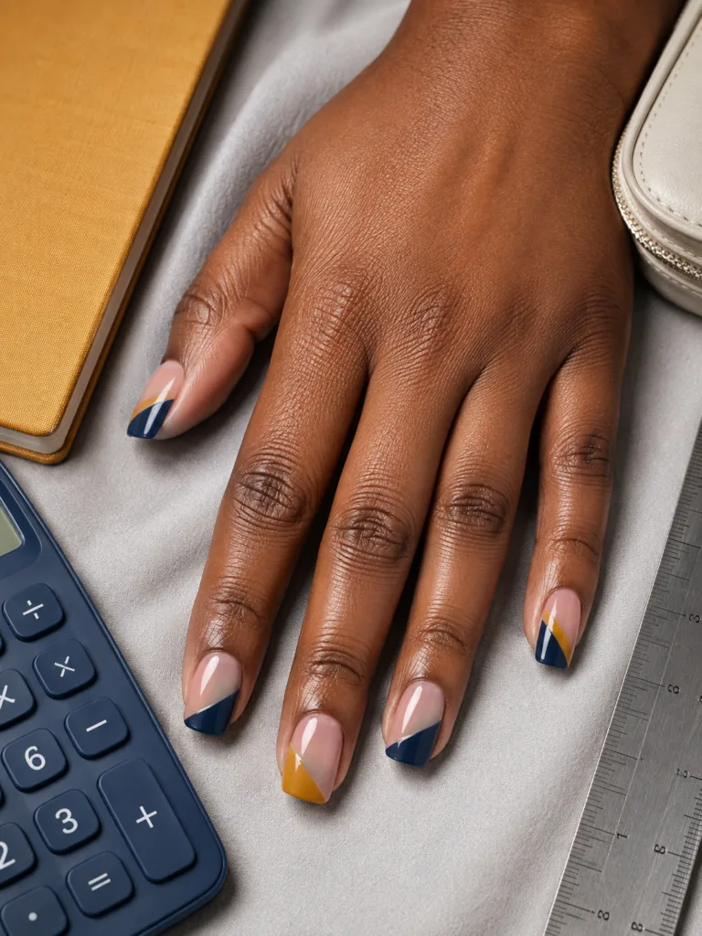 10. Mustard and Navy Color-Block French Nails