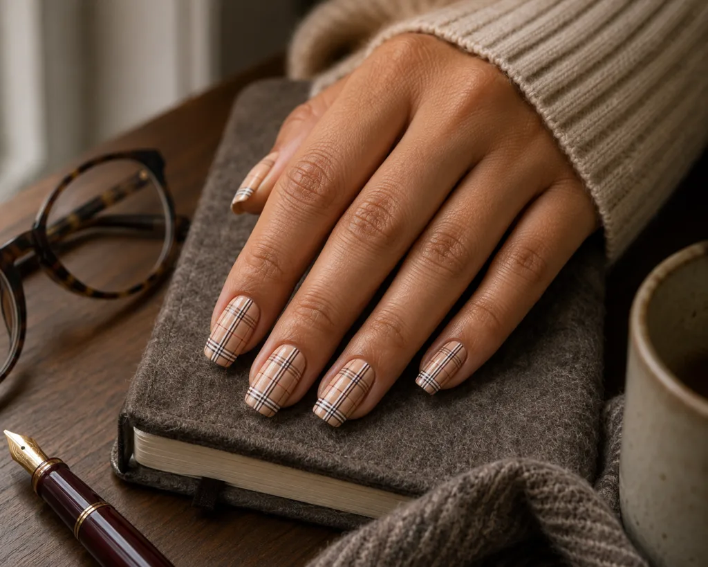 11. Fine-Line Neutral Plaid Nails