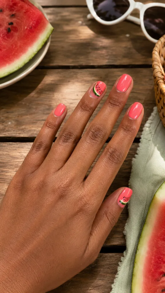 12. Coral Watermelon Accent Nails