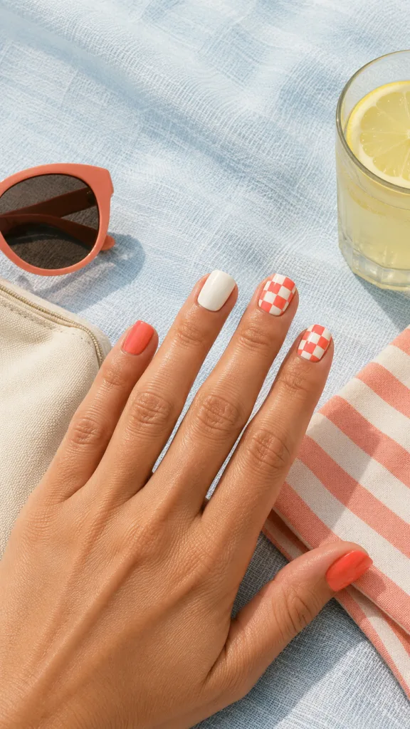 7. Coral and Cream Checkerboard Short Square Nails