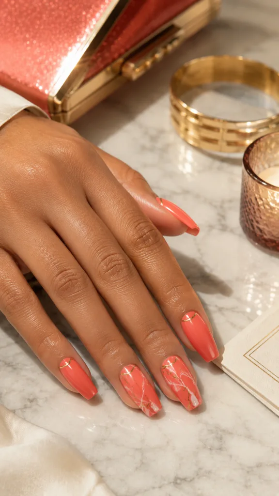 13. Coral Marble Nails With White and Gold Veins