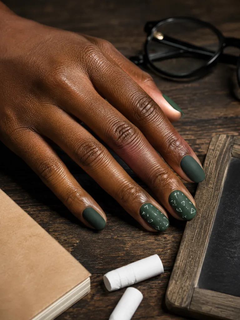 14. Chalkboard Green Nails With White Symbols