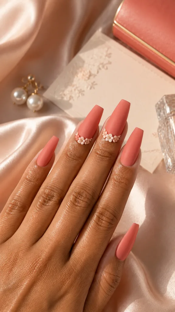 14. Matte Coral Coffin Nails With 3D Flower Clusters