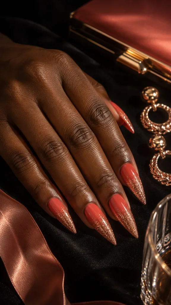 15. Coral Glitter Fade Stiletto Nails