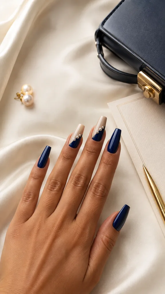 16. Navy Plaid Square Nails