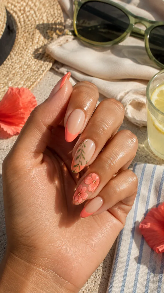 17. Coral Hibiscus Accent Nails With Green Leaves