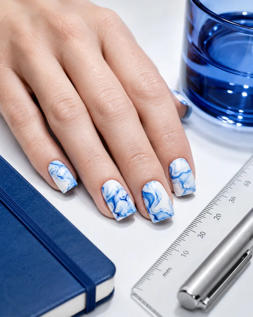 19. Cobalt Water-Marble Nails