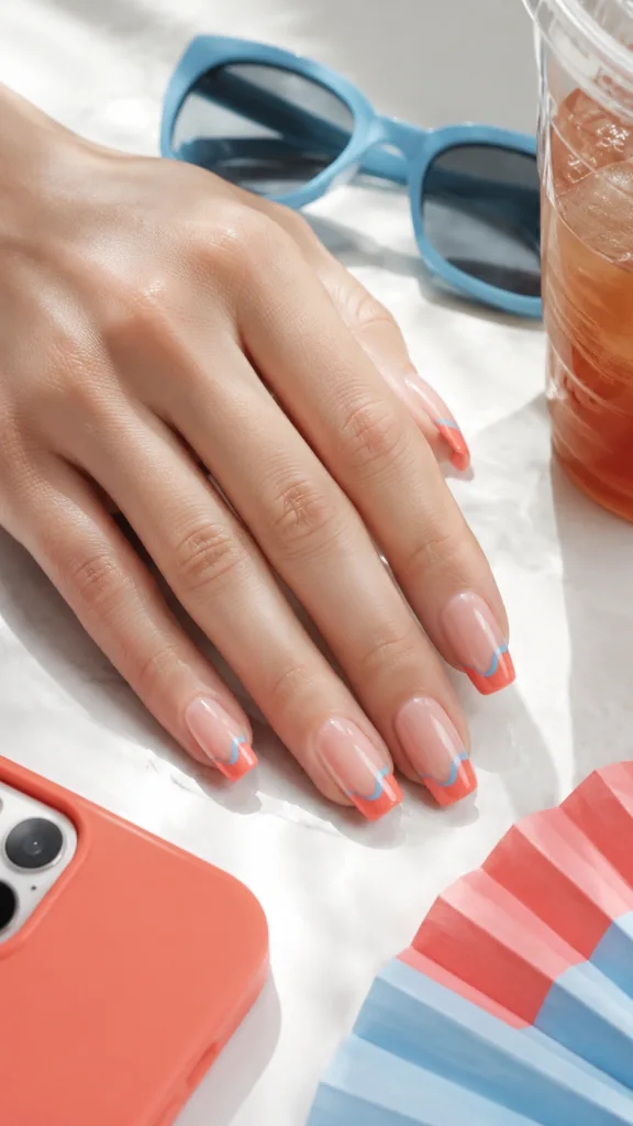 19. Coral Wavy French Tips With Blue Accent Lines