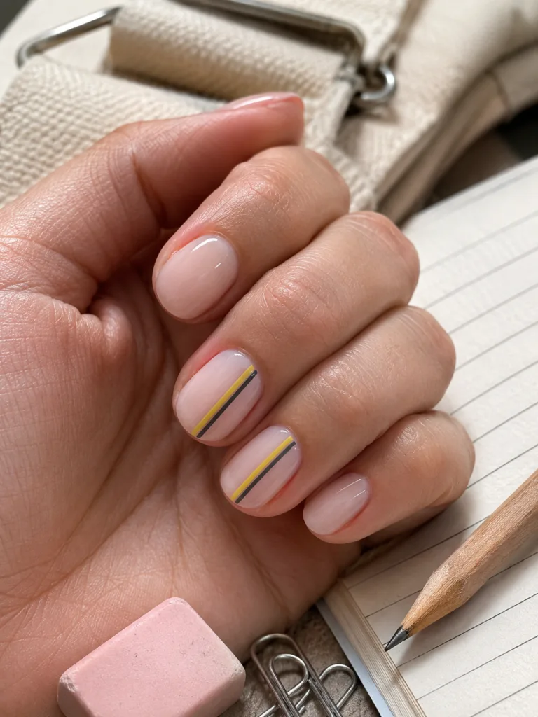 2. Milky Pink Nails With Pencil-Stripe Accents