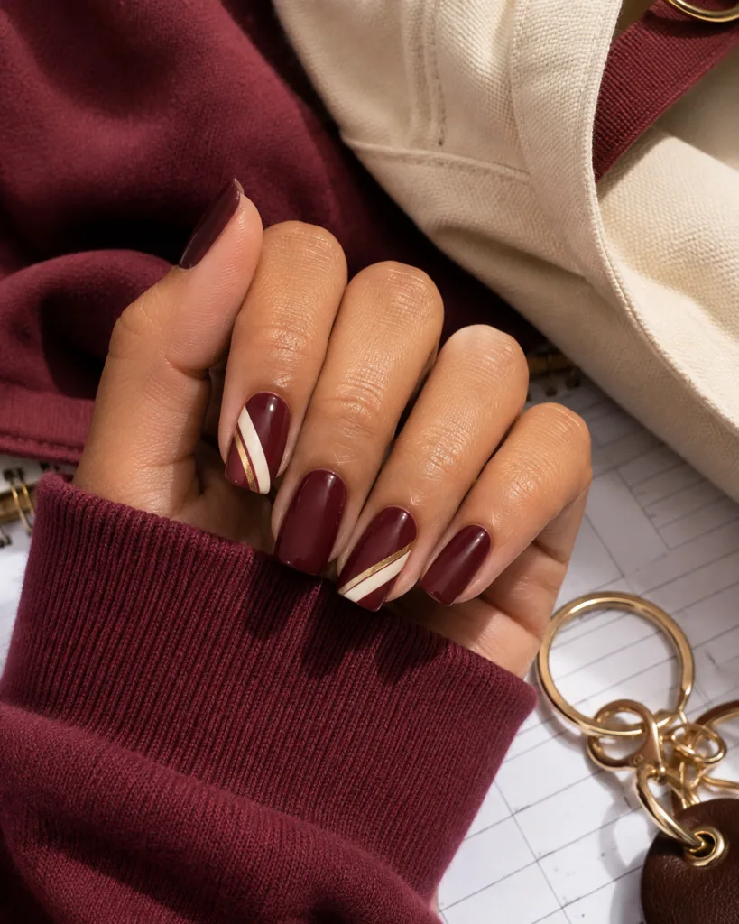 20. Burgundy Varsity-Stripe Nails