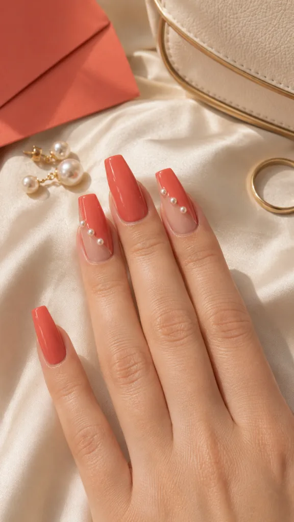 20. Coral Pearl Accent Nails With Soft Nude Panels