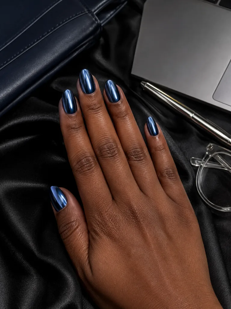 21. Midnight Blue Chrome Oval Nails