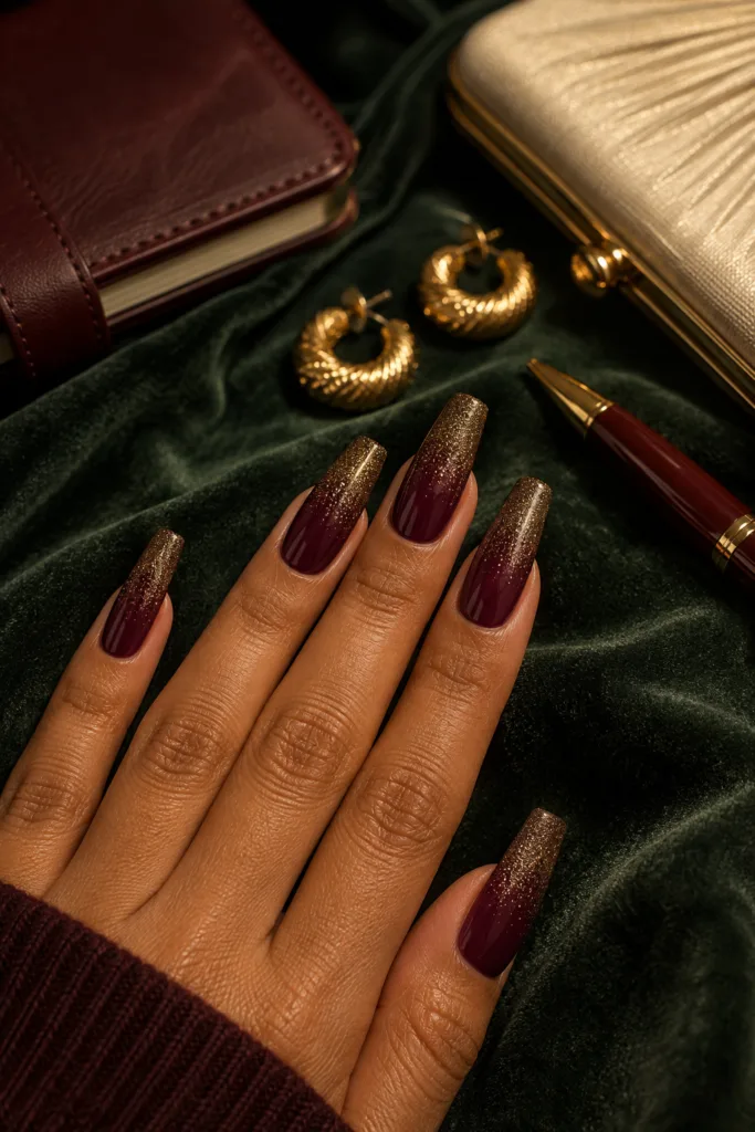 22. Burgundy Glitter-Fade Coffin Nails