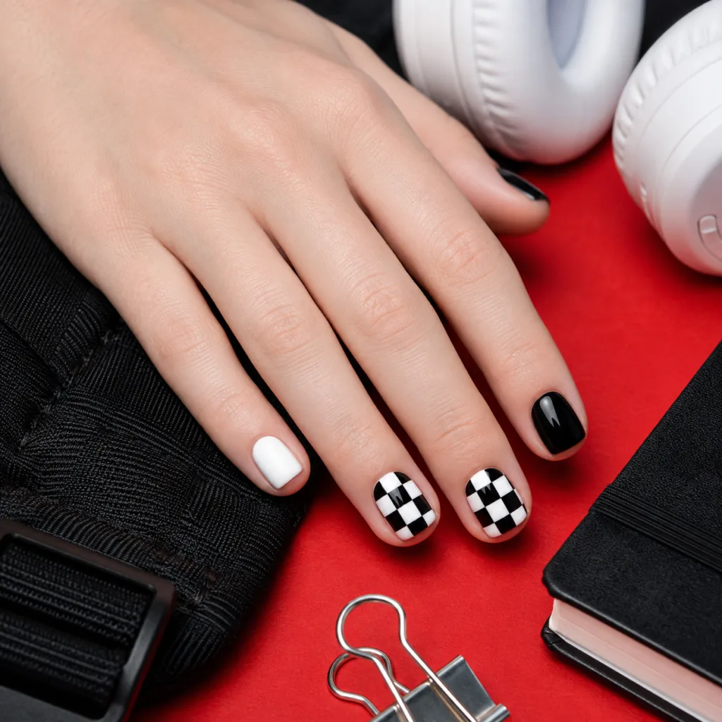 23. Black-and-White Checkerboard Short Nails