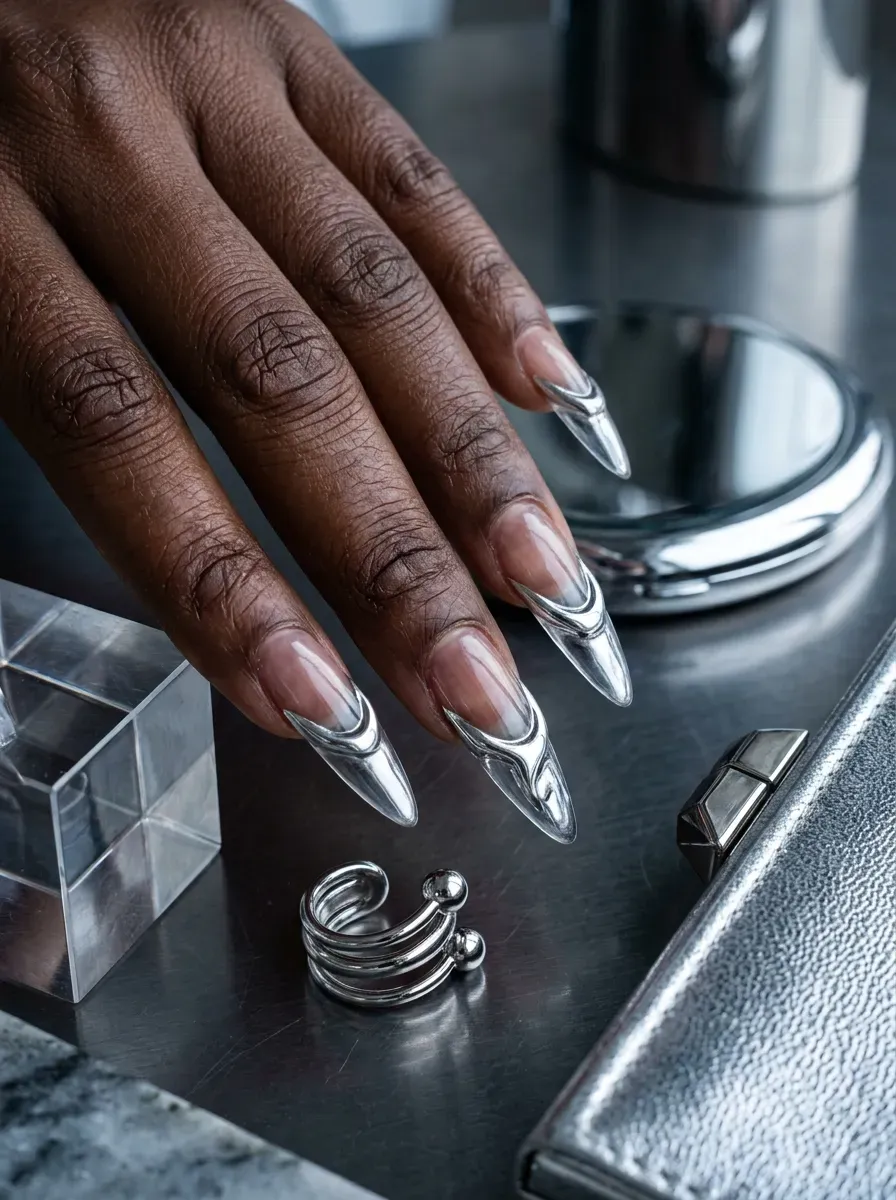 Raised silver chrome French lines sculpted over long clear nails on brown skin
