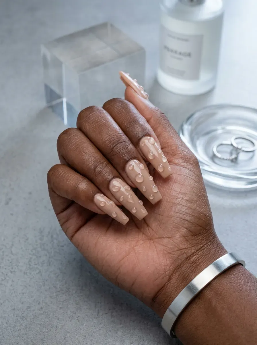 Long nude coffin nails with raised clear gel water droplets