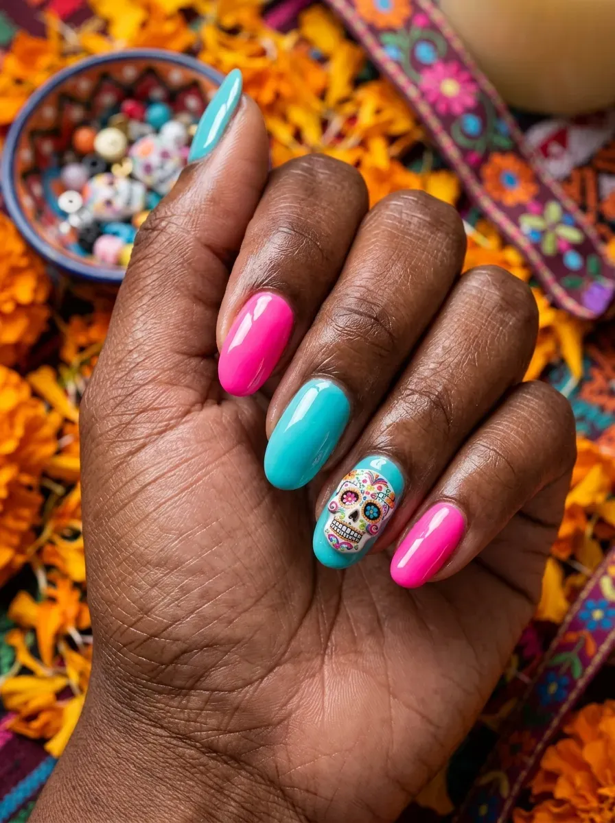 Nails with a small three dimensional sugar skull charm attached to the accent nail on rich dark skin tone