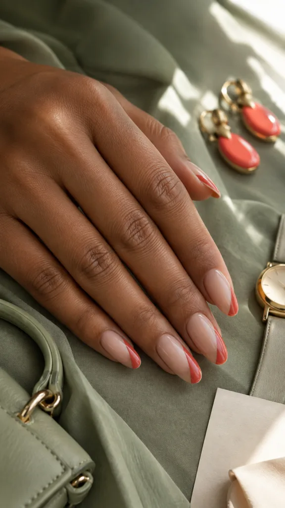 Coral Side-French Nails With Nude Negative Space