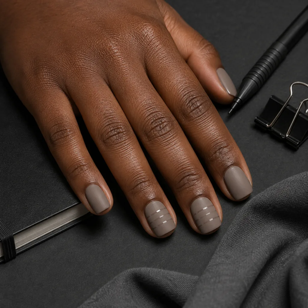 4. Matte Taupe Nails With Glossy Notebook Lines