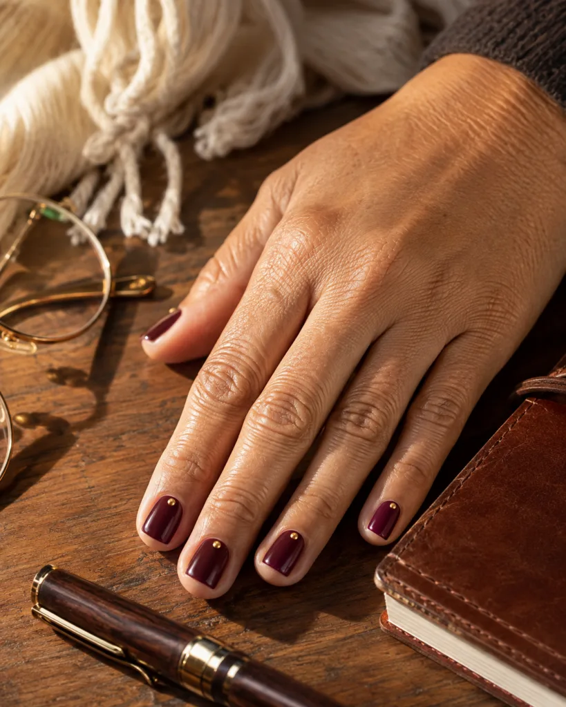 5. Burgundy Squoval Nails With Gold Cuticle Dots