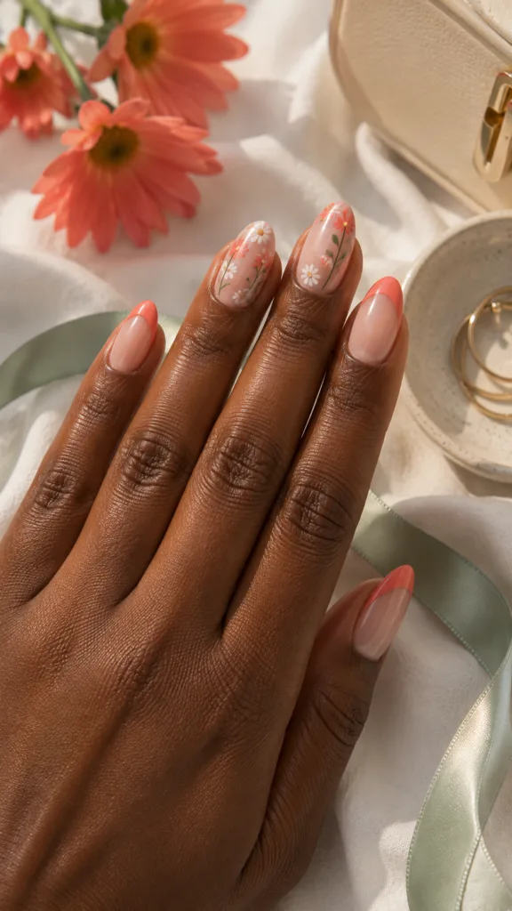 5. Coral Daisy Accent Nails on a Milky Nude Base