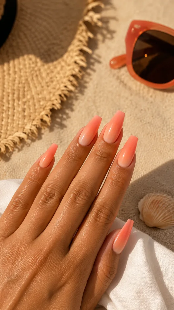  Coral Sunset Ombré Coffin Nails
