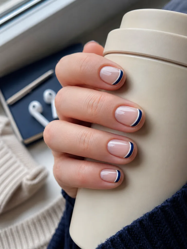 6. Navy and White Double-French Round Nails