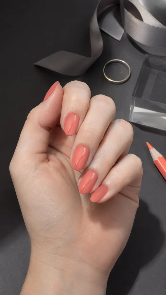 4. Matte Coral Oval Nails With Glossy Side Swirls