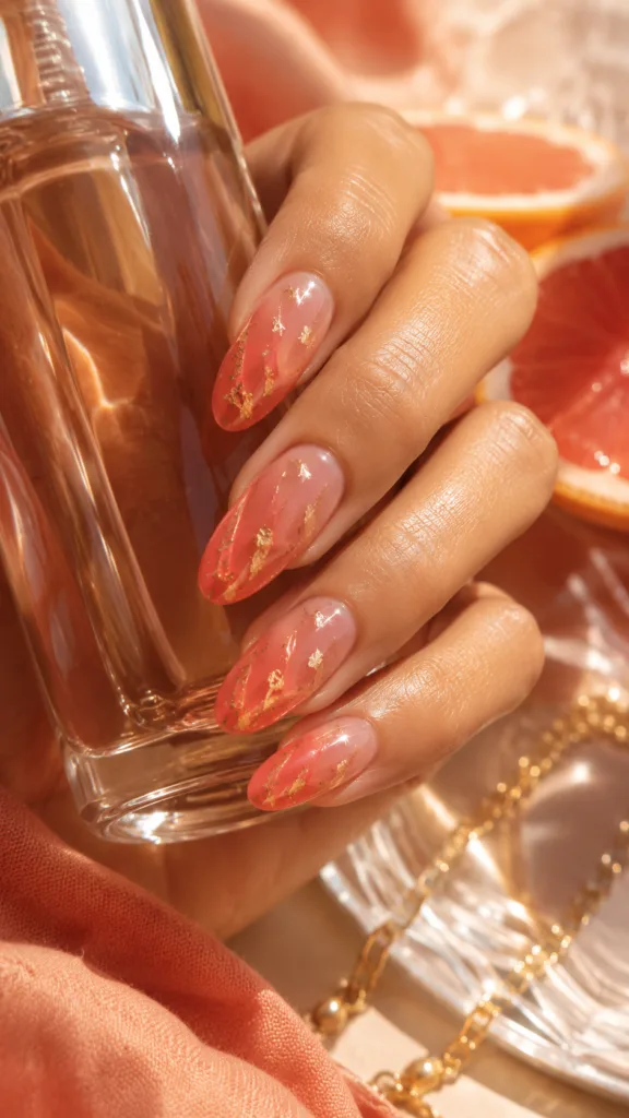 8. Coral Jelly Nails With Floating Gold Flakes