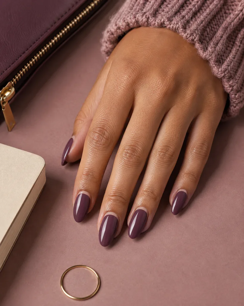 8. Plum Reverse-French Almond Nails