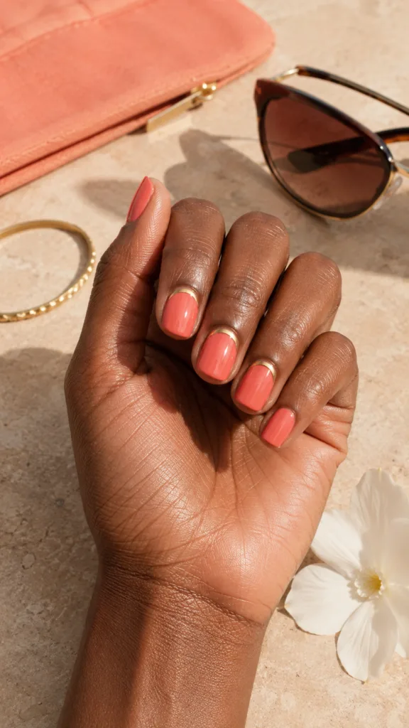 3. Short Coral Squoval Nails With Gold Cuticle Arcs