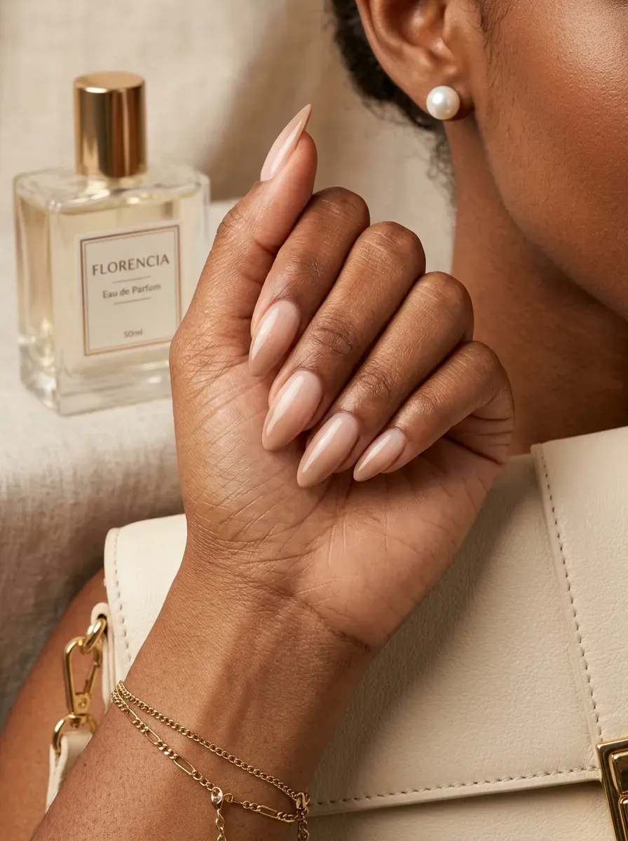 Nude to almond beige ombre nails on warm brown skin with pearls