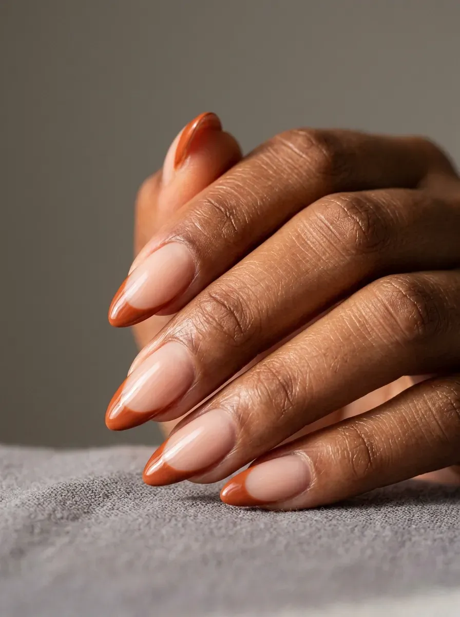 Almond-shaped nails with a burnt orange French tip design
