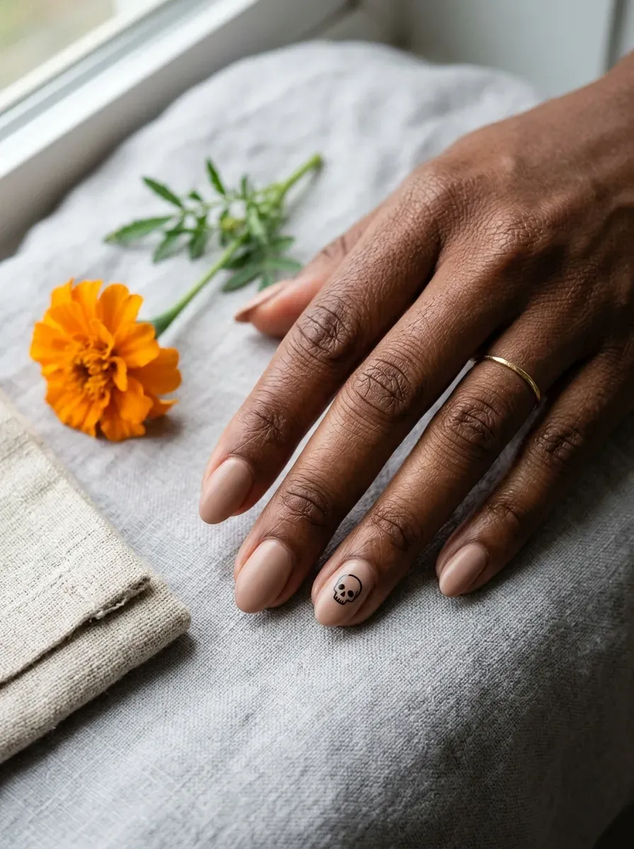 Short almond nails with one tiny minimalist skull outline on the accent nail on deep brown skin