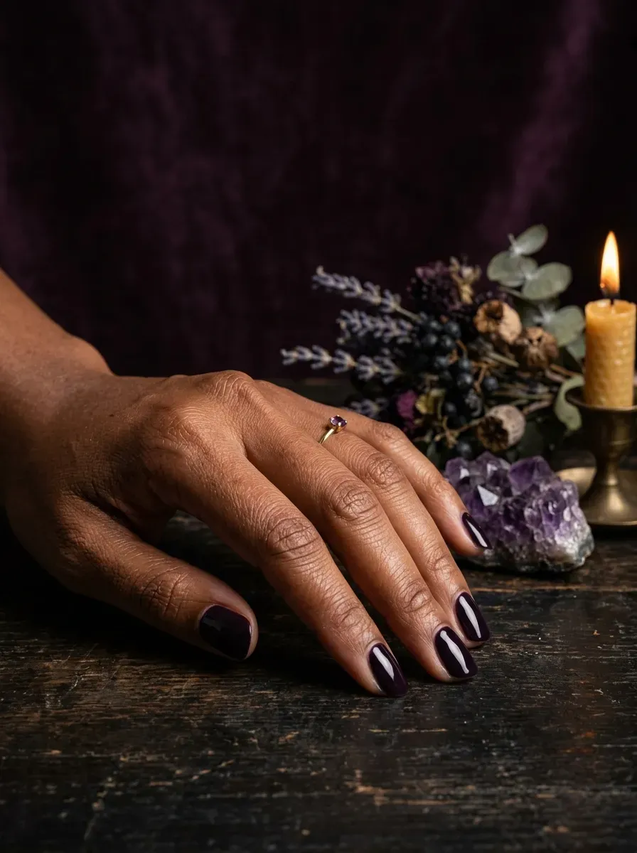 Nails in a deep purple so dark it reads almost black on warm brown skin