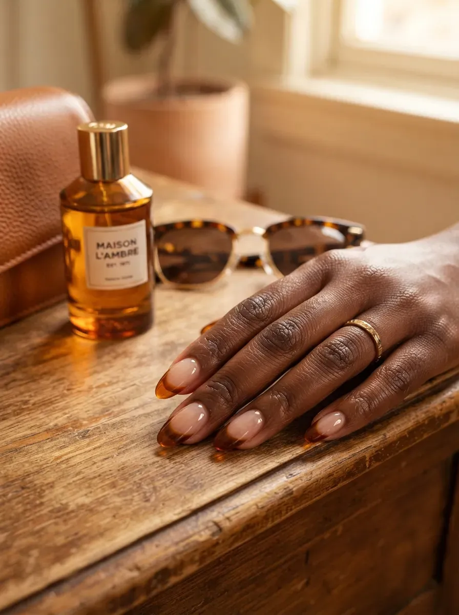 Amber jelly deep French tips on transparent nails with chestnut skin