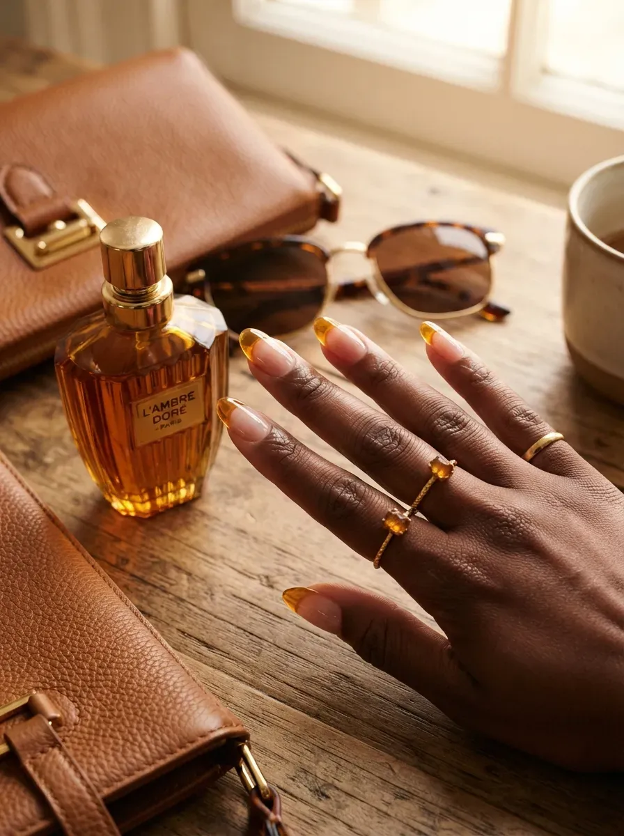 Translucent amber French tips on clear almond nails with deep chestnut skin