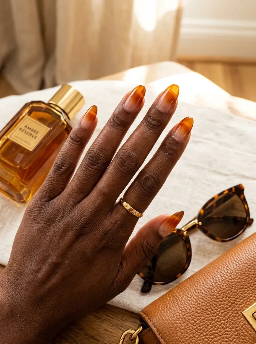 Amber jelly French ombré on clear almond nails with chestnut skin