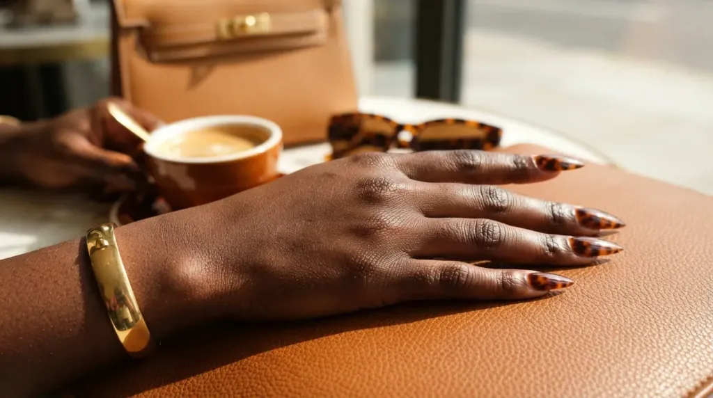 Long stiletto nails with translucent amber brown tortoiseshell markings