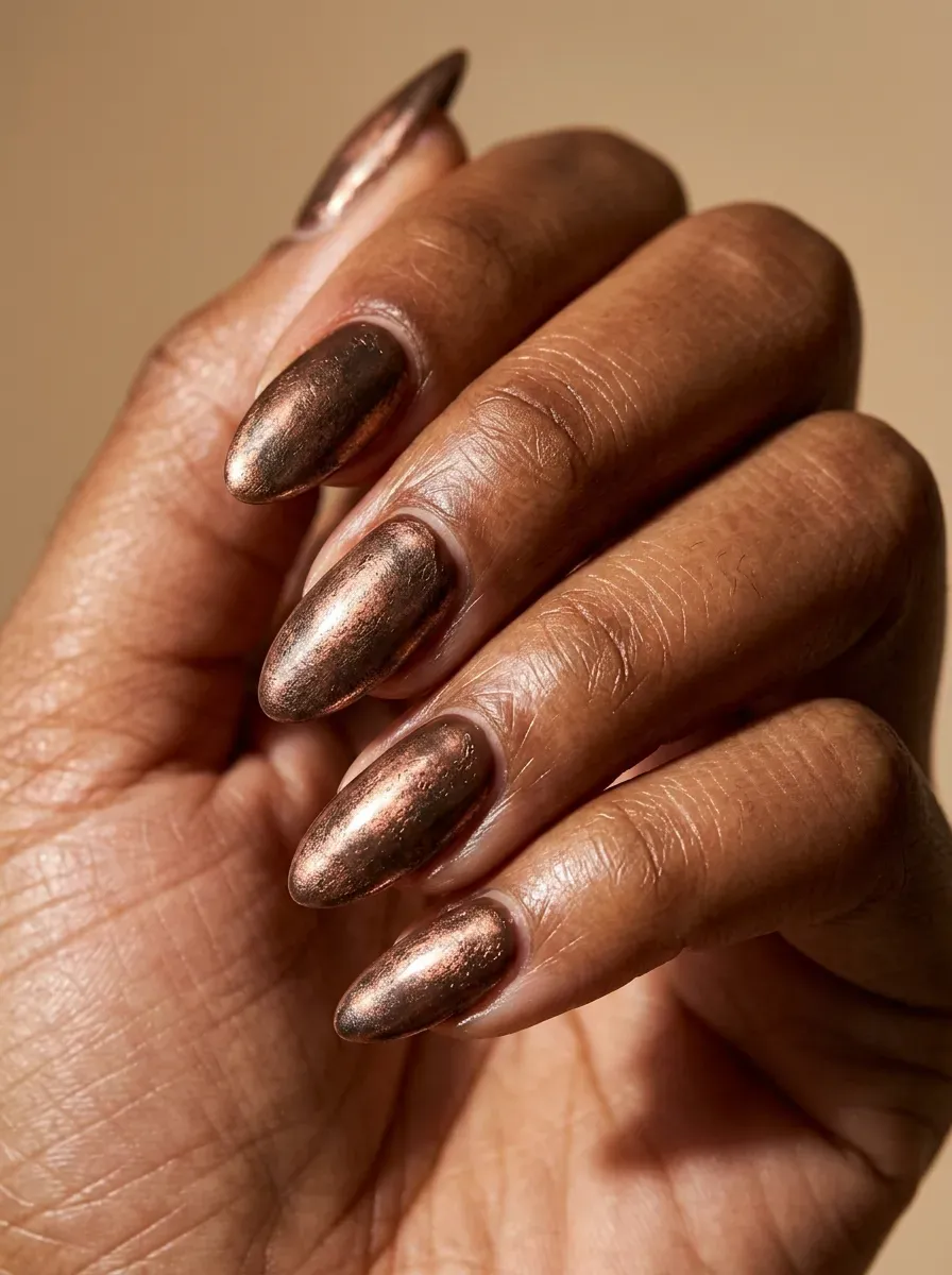 Copper chrome finish nails with an aged, antique metallic look