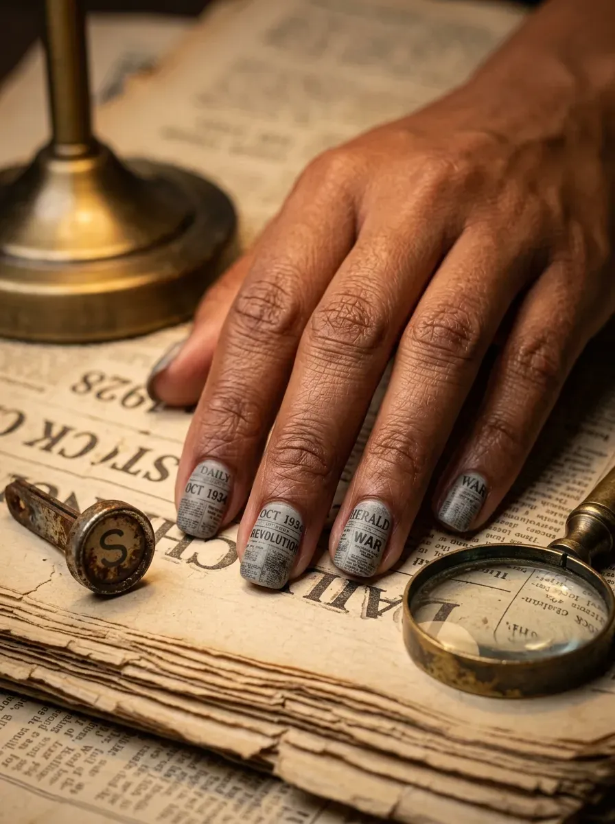 Close-up of aged newspaper transfer nail art with grey wash on warm brown skin