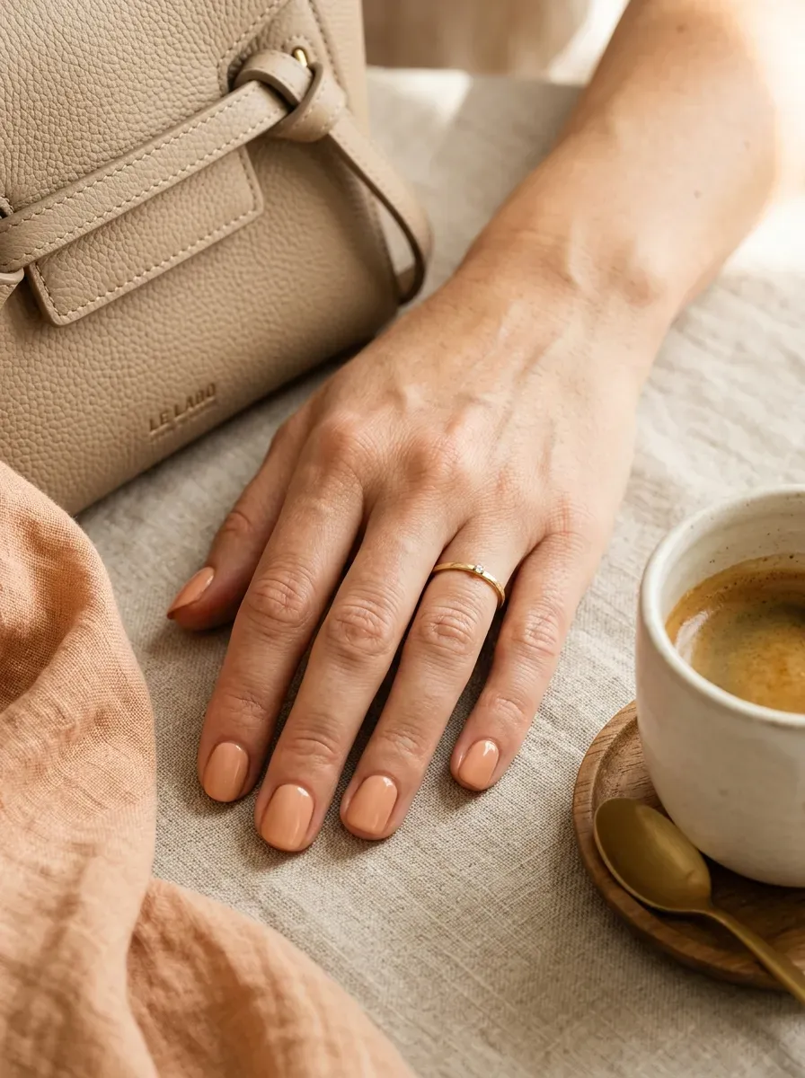 Short rounded nails painted with warm glossy apricot nude polish