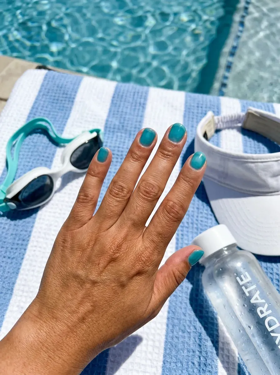 Short rounded nails layered with translucent aqua blue jelly polish