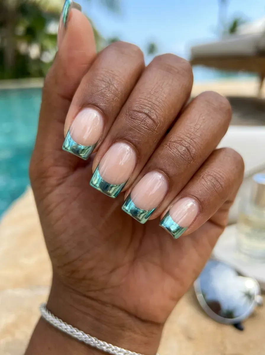Reflective aqua chrome French tips on nude square nails with brown skin