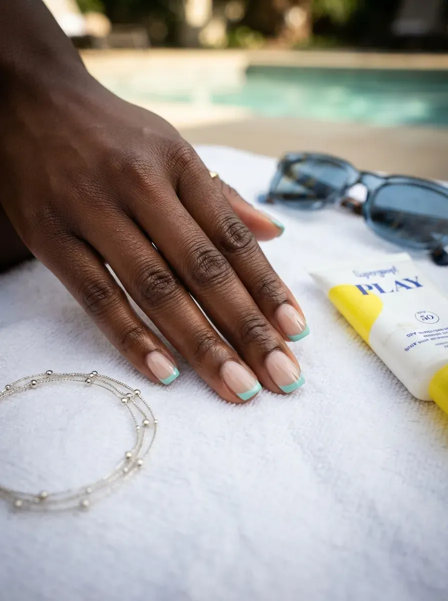 Short nude nails with thin aqua French tips near blue pool water
