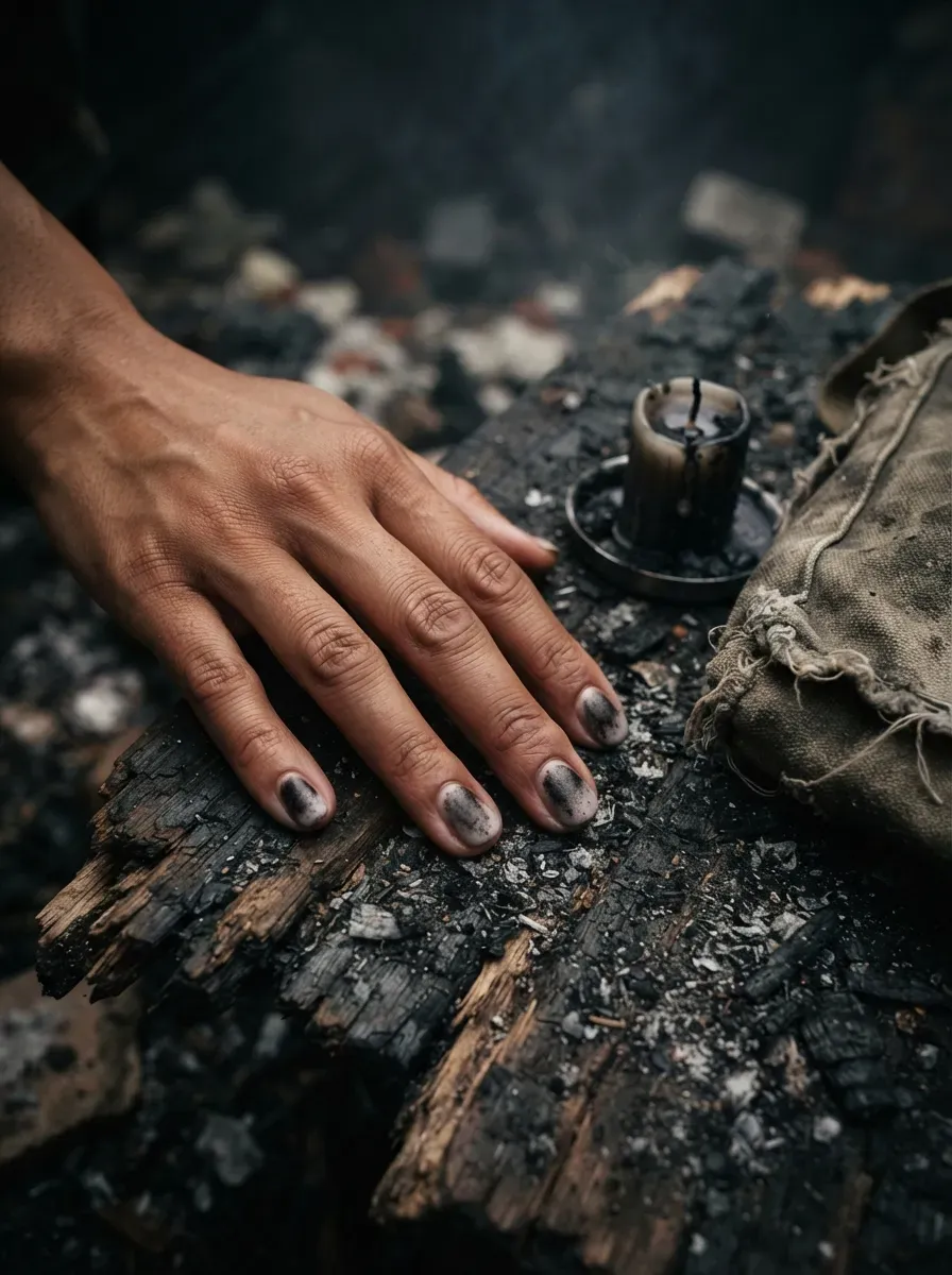 Close-up of charcoal grey ash and soot smudge nails on brown skin with warm undertones