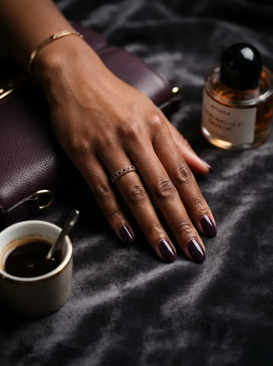 Aubergine purple oval nails on warm brown skin with dark autumn styling