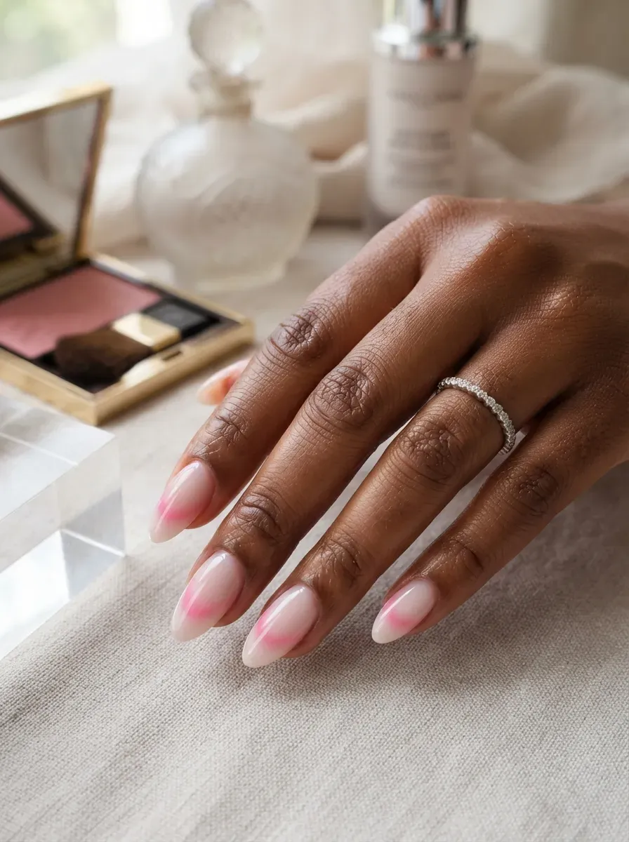 Pink aura deep French tips fading into nude almond nails with brown skin